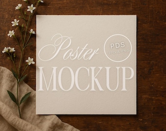 Bozza di carta quadrata su legno rustico con lino e fiori / stile naturale Cottagecore Flatlay per arte stampabile PSD JPG Download digitale