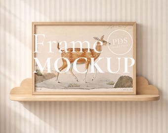 Nursery Frame Mockup 3x2 PSD – Horizontal Frame on Shelf Neutral Baby Wall Art Mockup