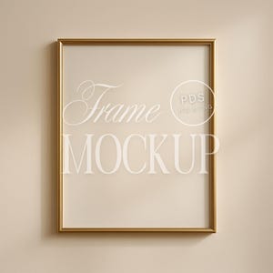 Slim Gold Frame Mockup 4x5 Ratio or 3x4 with Picture Mat | Neutral Beige Wall Elegant Minimalist Art Print PSD Template Digital Frame Mockup image 1