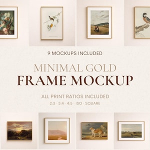Maqueta minimalista de marco dorado: incluye todas las proporciones (2:3, 3:4, 4:5, ISO, cuadrada).