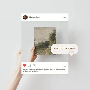 May include: A digital mockup of an Instagram post featuring a painting of a landscape with a dirt road leading to a woodland. The text "READY TO SHARE!" is in a speech bubble with a heart icon. The caption reads "Perfect for showcasing your designs on Etsy, social media, and on your website."