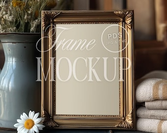Vintage Gold Frame Mockup ISO A DIN A Ratio Antique Wall Art Print Mockup Rustic Cottage Farmhouse Decor Photography Digital Download PSD