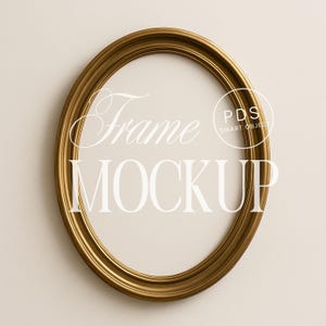 May include: Oval gold frame mockup with the text "Frame MOCKUP" in white script. The frame has a detailed, ornate design and a glossy finish. The frame is empty, ready for a photo or artwork.