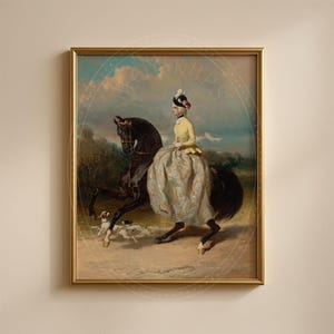 May include: A painting of a woman riding a brown horse in a field. She is wearing a yellow top and a white and gray skirt. Two small dogs are running in front of the horse.