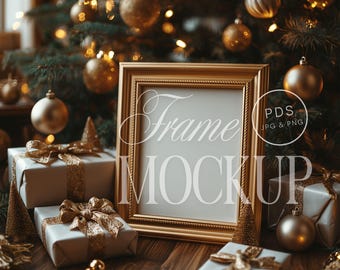 Christmas Gold Frame Mockup 4x5 Aspect Ratio Festive Holiday Art Print Display Cozy Winter Decor with Tree and Gifts | High Res PSD Template