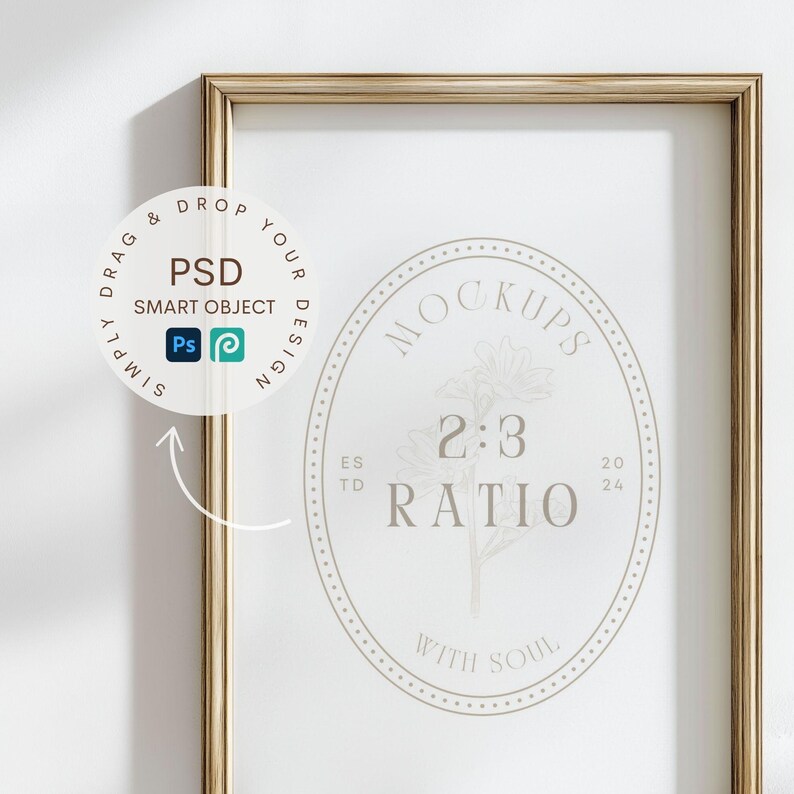 May include: A gold-colored rectangular picture frame with a white interior. The frame contains a circular graphic with the text "MOCKUPS 2:3 RATIO WITH SOUL". A circular graphic with the text "PSD SMART OBJECT" is in the upper left corner.