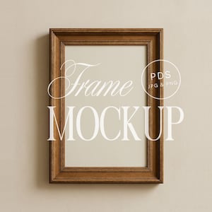 May include: A rectangular brown wooden frame mockup with the words "Frame MOCKUP" in white script. The frame has a light beige interior and is set against a neutral background. A circle with the text "PDS JPG & PNG" is in the upper right corner.