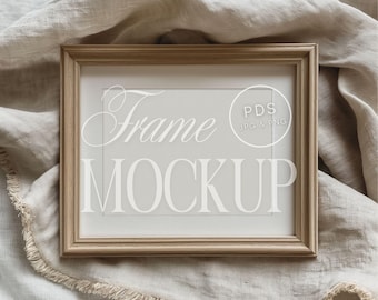 Wood Frame Mockup with Optional Mat Neutral Linen Background Natural Aesthetic Boho Rustic Style PSD Template Landscape Wall Art 5x4 / 4x3