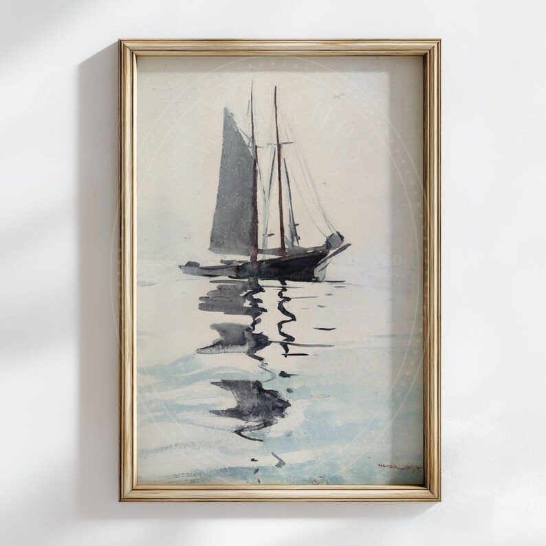 May include: Watercolor painting of a sailboat on the water, framed in a gold-colored frame. The sailboat has a dark gray sail and is reflected in the water. The artwork has a vintage aesthetic.