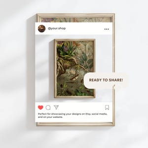 May include: A framed botanical print with a gold frame, featuring a detailed illustration of plants, insects, and water. The image is presented within a social media frame, with the text "READY TO SHARE!" and "@your.shop".