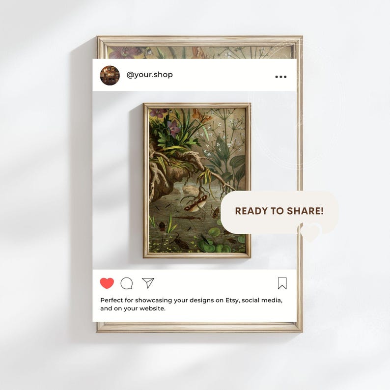 May include: A framed botanical print with a gold frame, featuring a detailed illustration of plants, insects, and water. The image is presented within a social media frame, with the text "READY TO SHARE!" and "@your.shop".