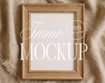 Light Wood Frame Mockup 3x4 Vertical PSD PNG & JPG on Neutral Linen Fabric for Printable Wall Art Photography Minimal Rustic Natural Display