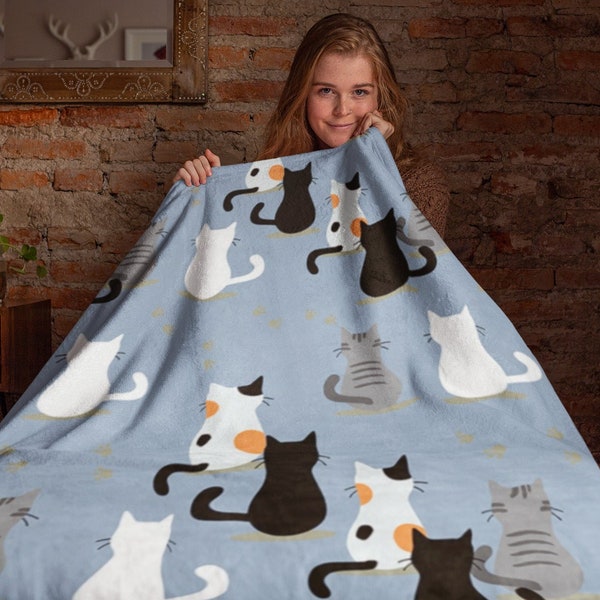 Light Blue Minky Blanket  With Cute Cat Design | Perfect for any home | Made of finest, ultra-soft fibers that will keep you warm and cozy