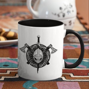 Mug with Viking Shield,  Axes and Sword Print, Black Color Inside