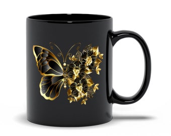 Stunning Golden Butterfly And Black Orchid On Black Mugs