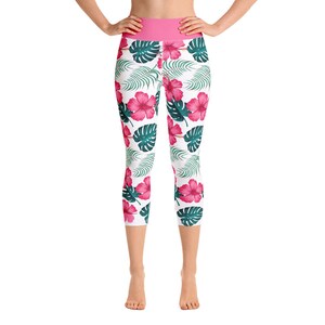 Pink Hibiscus Design Yoga Capri Leggings