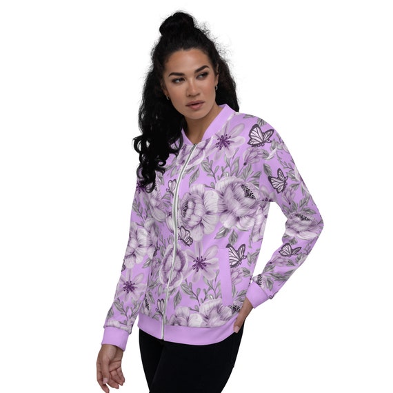 Purple Flower and Butterfly Unisex Bomber Jacket - Wear It on A Basic T-Shirt, or Layer It on Top of A Warm Hoodie