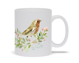 Mug With Hand Painted Image of a Bird And Flowers