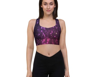 Purple and Pink 3D Stars Design Longline Sports Bra | Compression, No see-see-through, Removable padding, Double layer front