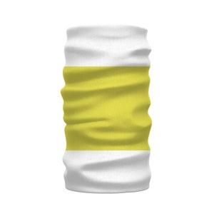 May include: A white and yellow neck gaiter with a yellow stripe in the middle.