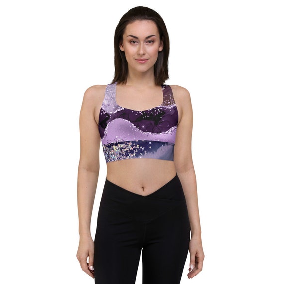 Purple Marble and Glitters Longline Sports Bra Compression, No See-see- through, Removable Padding, Double Layer Front -  Canada