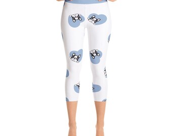 Blue Hearts with Pug Design Yoga Capri Leggings