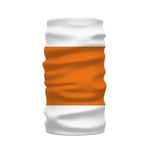 May include: A white and orange tube-shaped neck gaiter. The gaiter has a white band at the top and bottom, with an orange band in the middle.