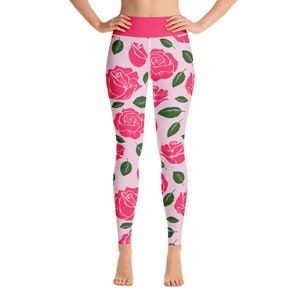Yoga Leggings with Hot Pink Roses Design | Super soft, stretchy, and comfortable yoga leggings.