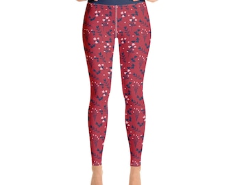 Red Yoga Leggings with Blue Leaves and Hearts Design