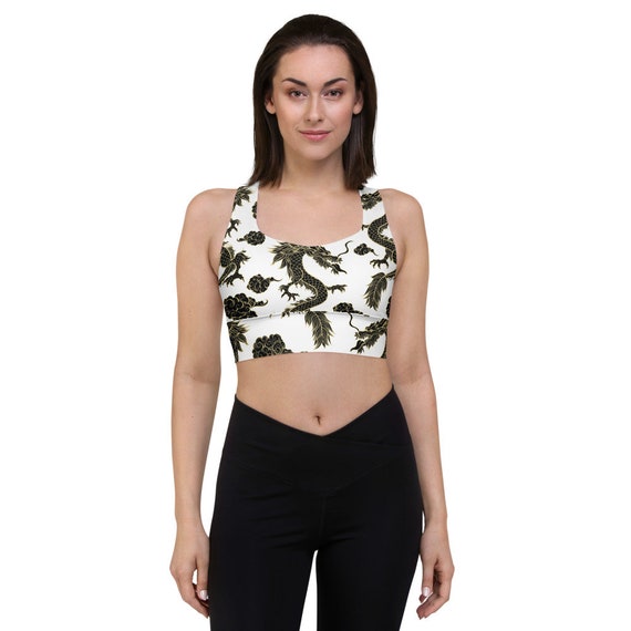 White Longline Sports Bra With Black Dragon Design Compression, No