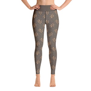 Deep Brown Yoga Leggings with Caramel Brown Leaves Design
