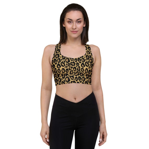 Leopard Print Design Longline Sports Bra Compression, No See-see-through,  Removable Padding, Double Layer Front 