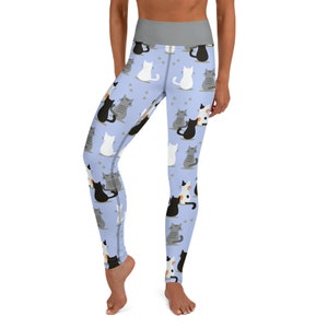 Light Blue Yoga Leggings with Cats Design | cat lover leggings