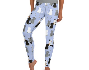 Light Blue Yoga Leggings with Cats Design | cat lover leggings