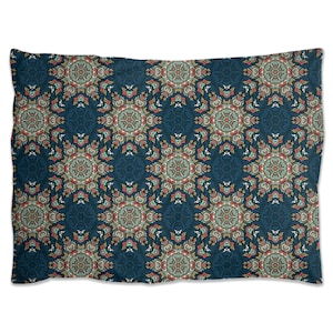 May include: A pillow with a blue background and a repeating pattern of intricate, colorful mandalas. The mandalas feature shades of red, yellow, green, and blue.