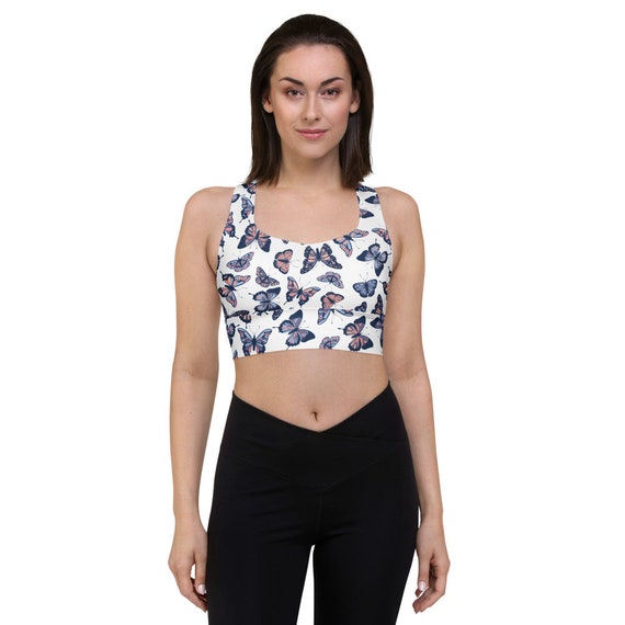 Colorful Butterfly Pattern Longline Sports Bra Compression, No See