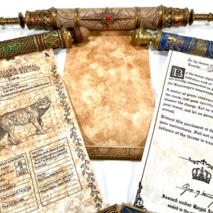 May include: A collection of fantasy-themed props including a tan scroll case with red accents, a green and gold scroll case, and a blue and gold scroll case. Two aged parchment documents are displayed, one featuring a wolf illustration and text.
