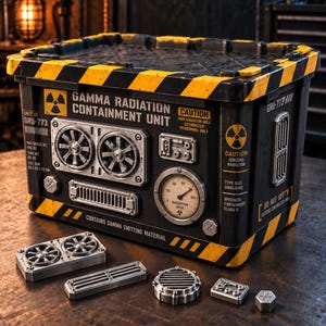 Może przedstawiać: Czarny pojemnik do przechowywania z żółtymi pasami ostrzegawczymi z napisem Gamma Radiation Containment Unit GRU-773. Pudełko posiada symbol promieniowania, manometr i metalowe otwory wentylacyjne. Z przodu leżą oddzielne metalowe elementy.