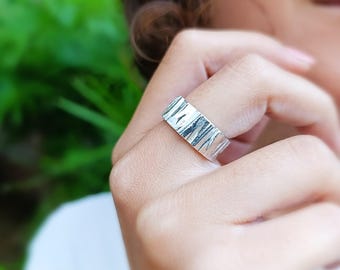 Wide Textured Sterling Silver Ring: Hand Carved Unisex Band