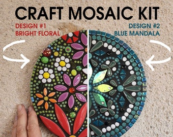 Craft kit for adults, complete mosaic kit with cut glass shapes and ceramic tiles, glue,grout and tools, kit handcrafted and of high quality