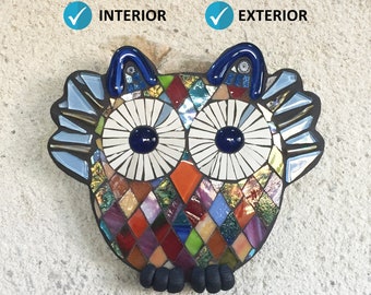 garden decor, owl mosaic art, mixed media art, handmade mosaic, wall hanging, owl wall art, bird wall decoration, colorful owl yard art