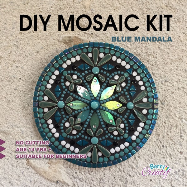 Kit de mosaique pour adultes, complet avec des carreaux de verre et de ceramique faconnes, la colle, le ciment et des outils, haute qualite