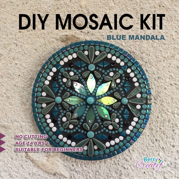 Mosaic kit for adults, diy mosaic kit, complete mosaic kit includes shaped glass pieces, ceramic tiles, glue tools grout and instructions