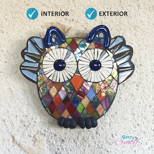 Owl garden decor, mosaic art, owl mixed media art, home decor gift, wall hanging, owl wall art, bird wall decoration, colorful owl yard art