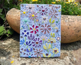 Home decor, flower mosaic art, handmade gift, outdoor mosaic art, blue pink garden flower gift, mixed media art, flower art, floral mosaic