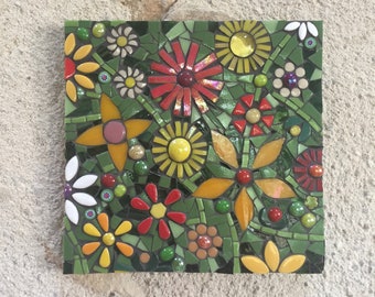 Flower mosaic wall art, wall hanging flower mosaic, bright floral wall art,mosaic art, stained glass mosaic, mixed media art,floral wall art