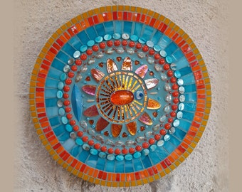 Room decor, mixed media wall art, blue mosaic wall hanging, handmade gift, orange round mosaic,colorful home decor,mosaic wall decor,mandala