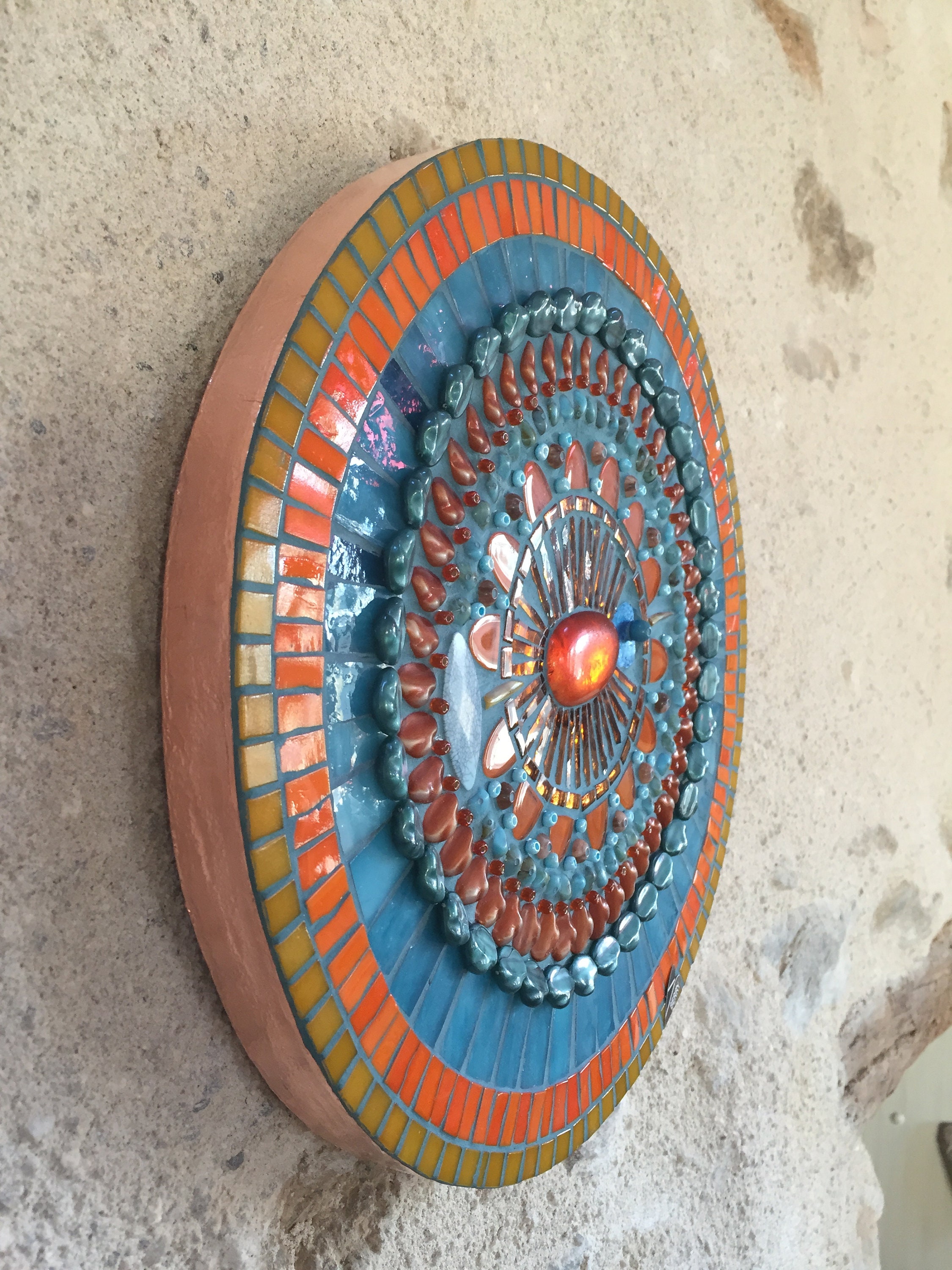 Wall art mixed media art round abstract mosaic colorful Etsy