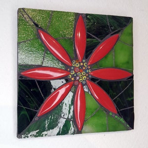 Flower wall panel, floral mosaic art decor, handmade gift, red flower art for wall, stained glass mosaic, wall hanging, mixed media artwork image 5