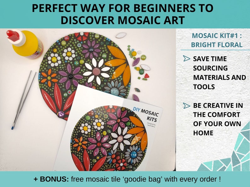 finished mosaic art kit with floral design with metal tweezers, bottle of wood glue and some extra tiles around the mosaic, instructions sheet with large color image is placed on top of the mosaic.